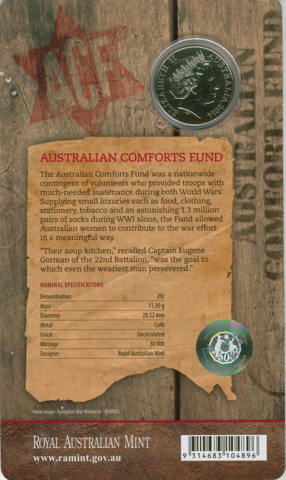 2014 20c Australia Remembers Australian Comforts F