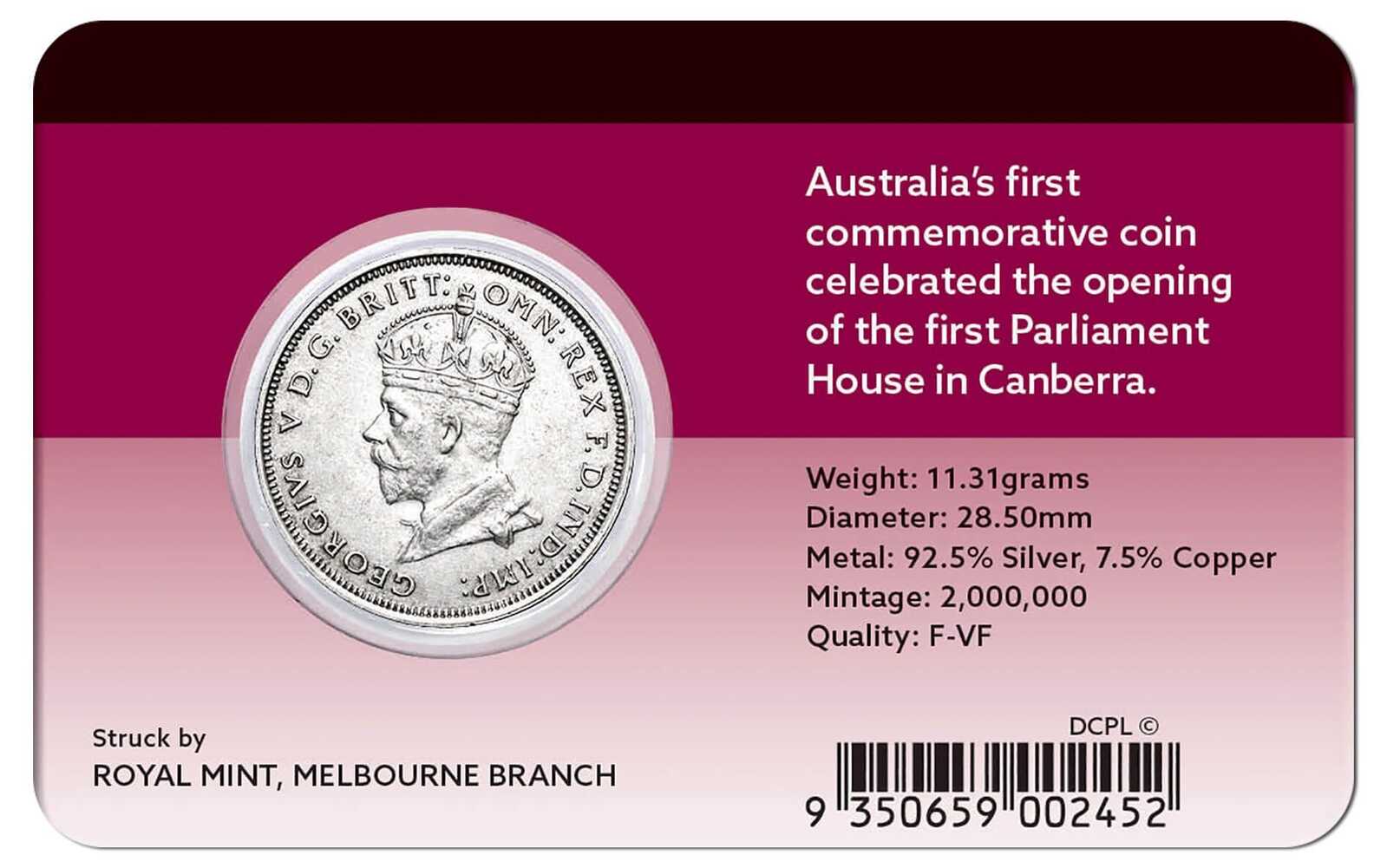 1927 Canberra Florin Fine to VFine Carded