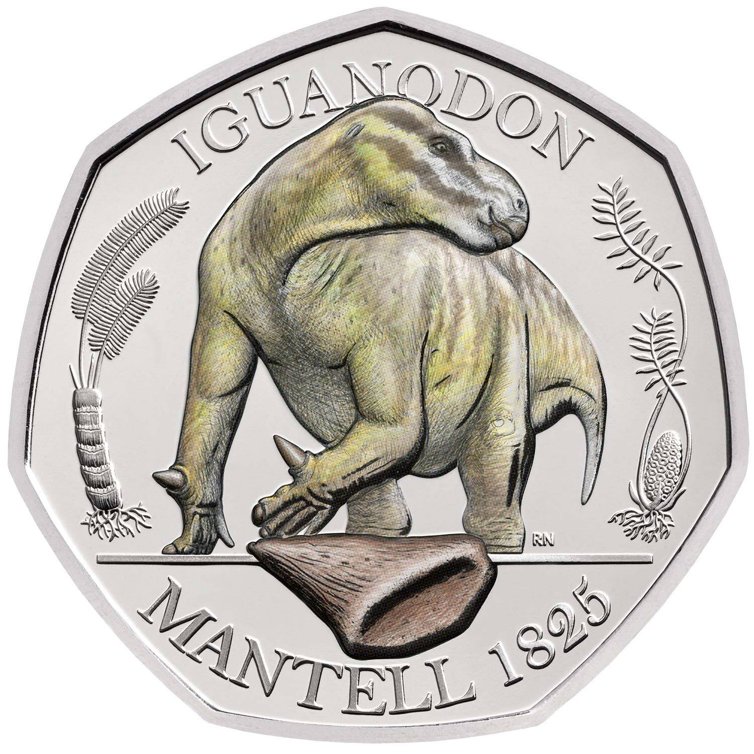 2020 50p Dinosauria - Iguanodon Coloured BU Coin