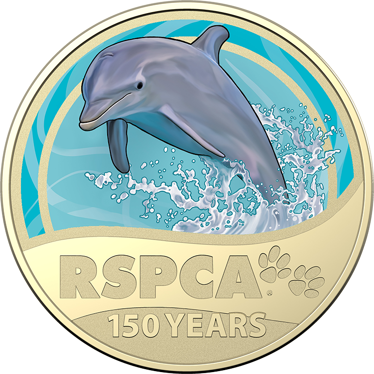 2021 $1 150th Anniversary of the RSPCA Aust. UNC Dolphin Coloured Coin