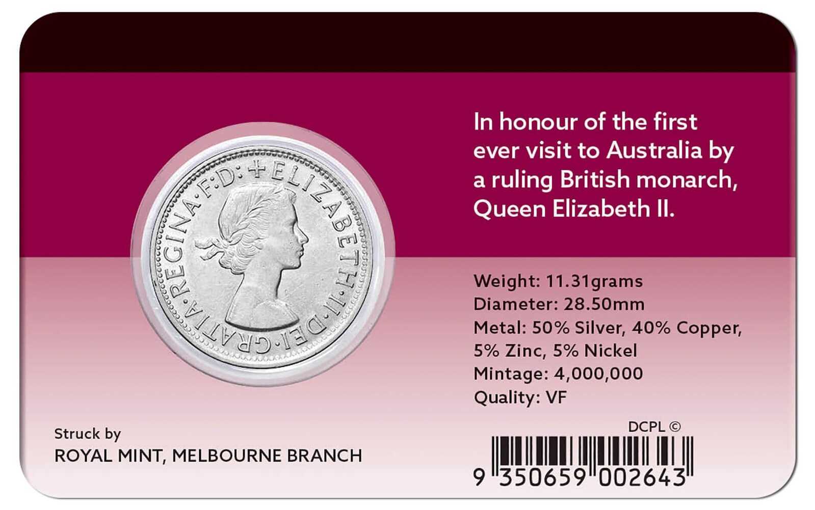 1954 Royal Visit Florin About Very Fine Carded