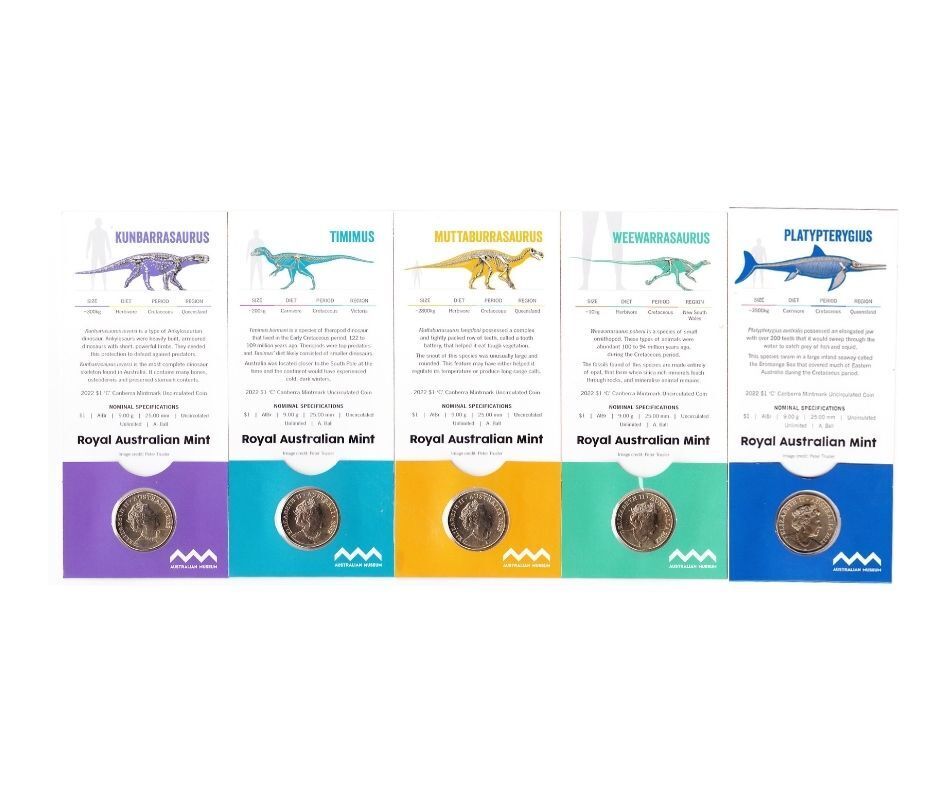 2022 $1 Dinosaurs Down Under Set of 5 C Mintmark Coins