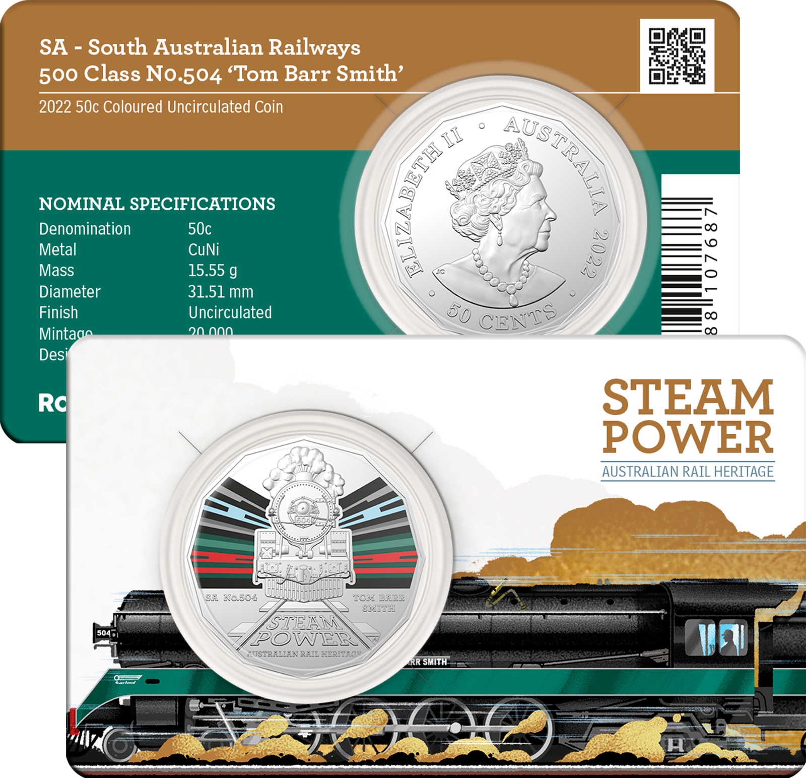 2022 50c Steam Power SA Railways No.504 Tom Barr Smith UNC Coin