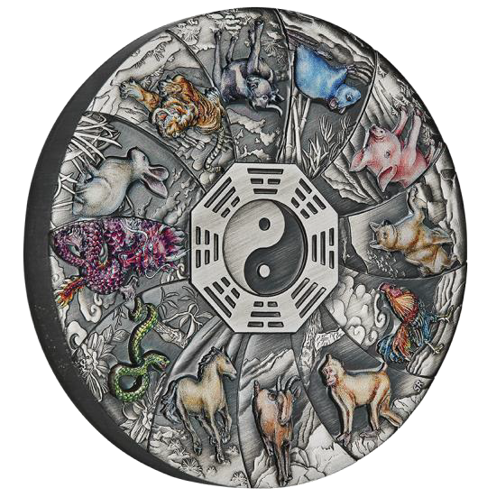 2023 $5 12 Lunar Animals 5oz Silver Coloured Antiqued Coin