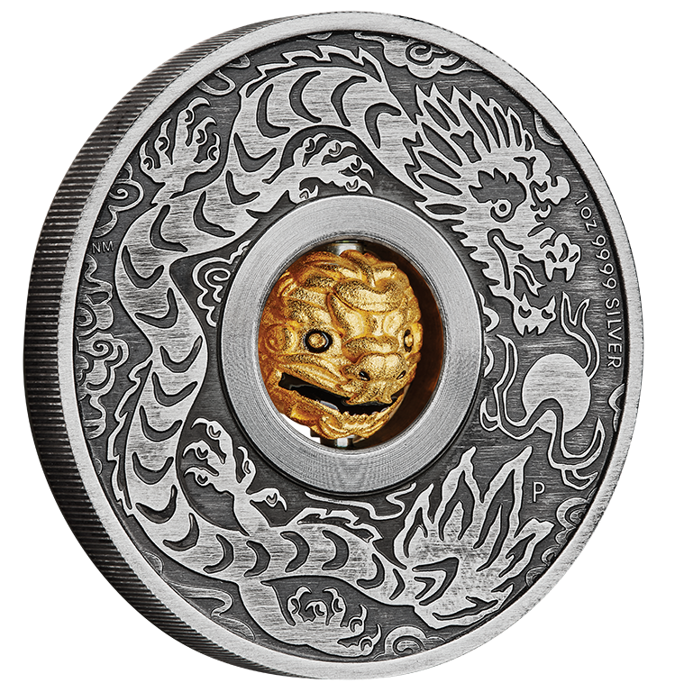 2024 $1 year of the Dragon Rotating Charm 1oz Silver Antiqued Coin