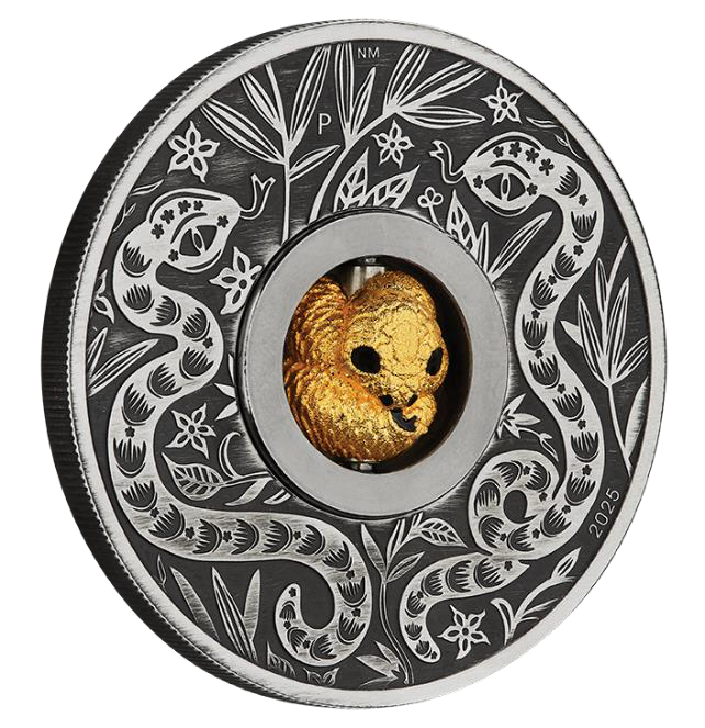 2025 $1 Year of the Snake Rotating Charm 1oz Silver Antiqued Coin