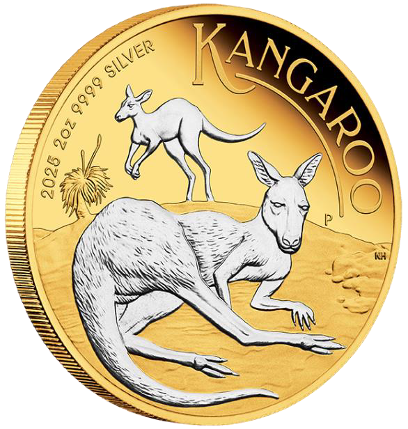 2025 $2 Australian Kangaroo 2oz Silver Proof Reverse Gilded Coin