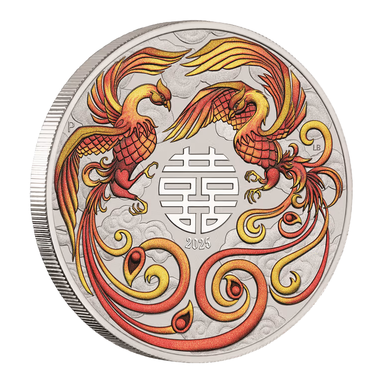 2025 $1 Chinese Myths and Legends Double Phoenix Silver Fired Coloured 1oz Silver Coin