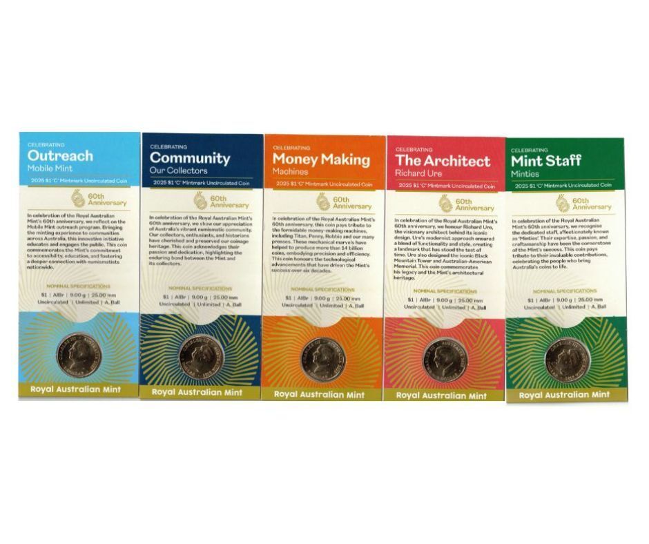 2025 $1 60th Anniversary of Royal Australian Mint Set of 5 UNC C Mintmark Cards
