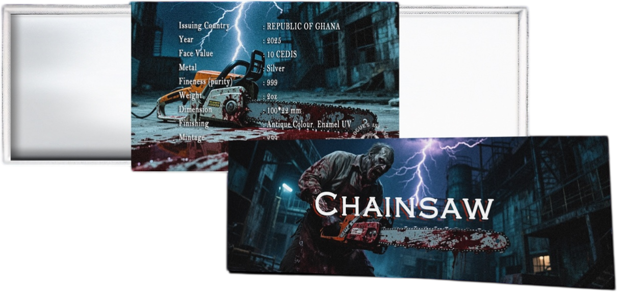 2025 Ghana Bloody Chainsaw Shaped 2oz Silver Coin