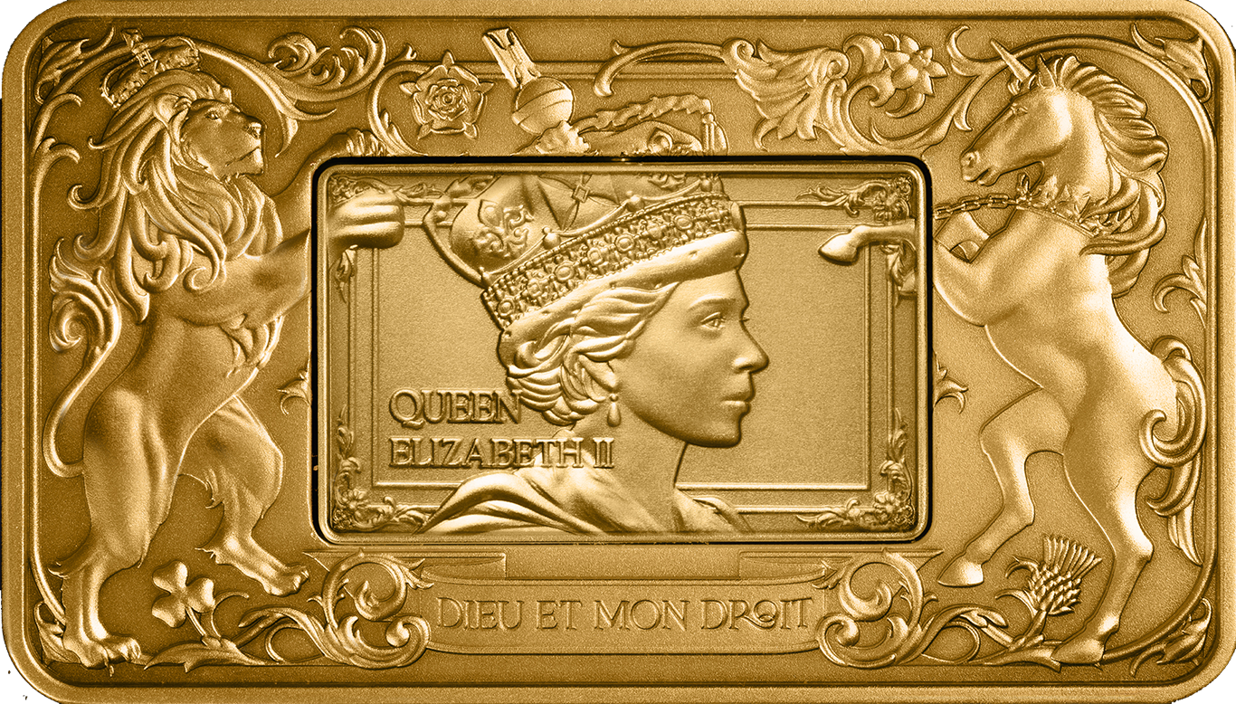 2026 $5 Elizabeth II & Charles III Revolving Rectangle Gold-plated 2oz Silver Antique Coin