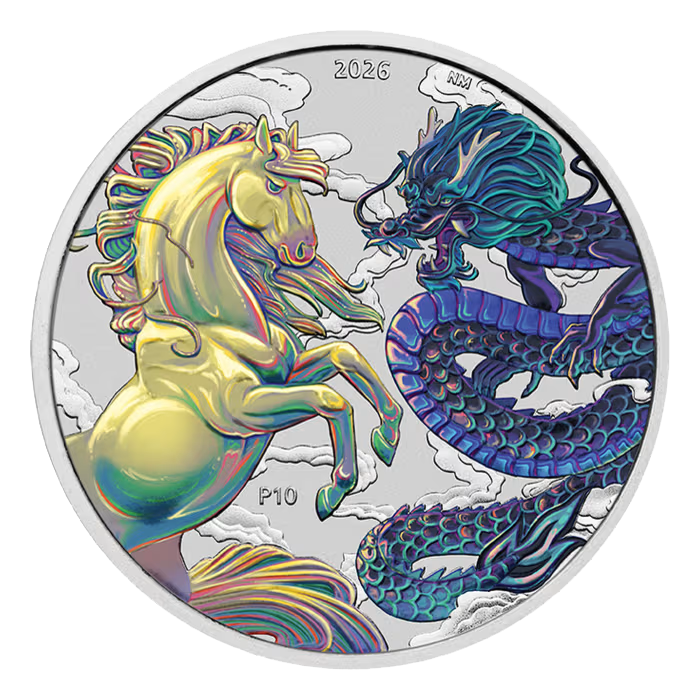 2026 1oz Chinese Myths and Legends Dragon and Horse Silver Opalite Coloured Coin in Card