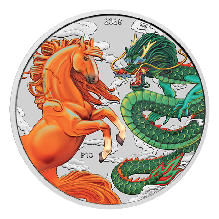 2026 1oz Chinese Myths and Legends Dragon and Horse Silver Fire and Earth Coloured Coin in Card