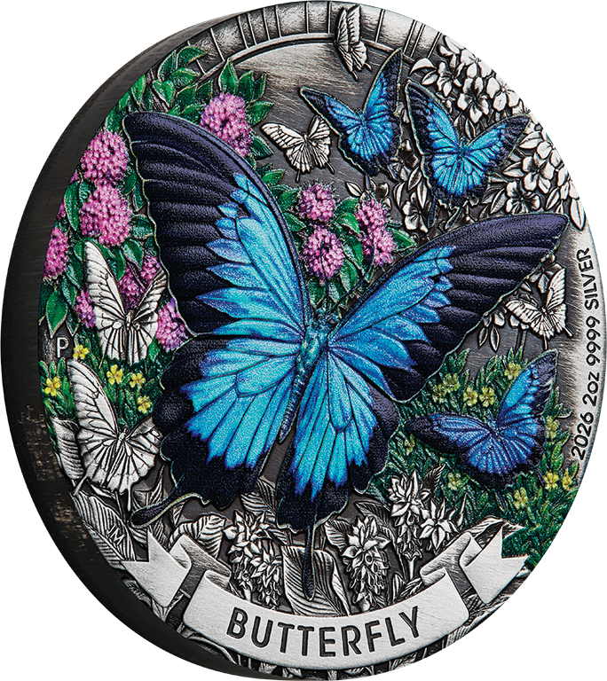 2026 $2 Australia Butterfly Colour 2oz Silver Antique Coin