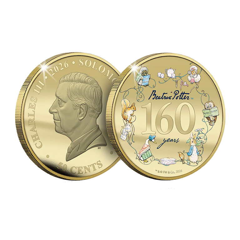 2026 50c Beatrix Potter 160th Anniversary 50mm Gold-Plated Coin Luxe Edition