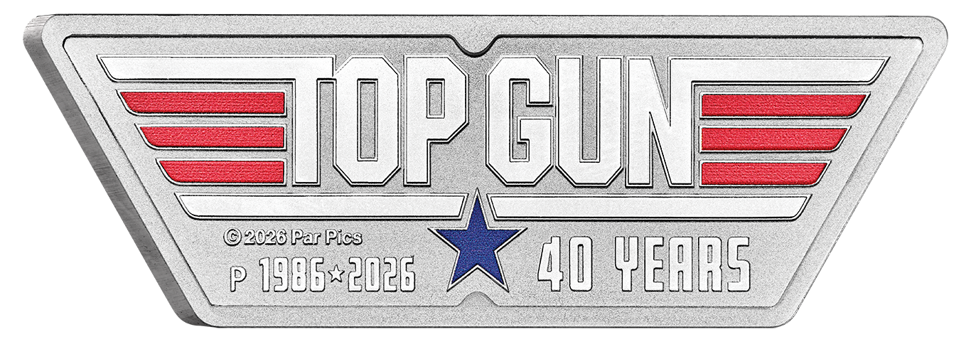 2026 $1 40 Years of Top Gun Logo Shaped 1oz Silver Coloured Coin