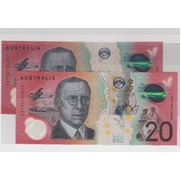 2019 $20 Last Prefix EA19 Lowe/Fraser aUNC Consecutive Pair