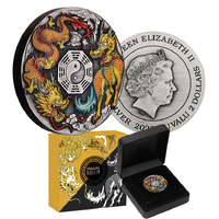 2022 $2 Dragon and Qilin with Bagua 2oz Silver Antiqued Coloured Coin