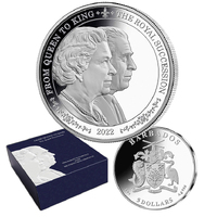 2022 $5 Elizabeth II & Charles III Portraits 1oz Silver Prooflike Coin