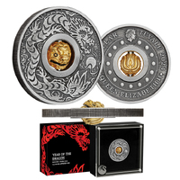 2024 $1 year of the Dragon Rotating Charm 1oz Silver Antiqued Coin