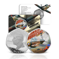 2026 50c 90thy Anniversary of the Hawker Hurricane Coloured Silver Plated Coin