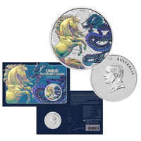 2026 1oz Chinese Myths and Legends Dragon and Horse Silver Opalite Coloured Coin in Card