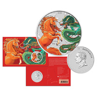 2026 1oz Chinese Myths and Legends Dragon and Horse Silver Fire and Earth Coloured Coin in Card