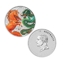 2026 1oz Chinese Myths and Legends Dragon and Horse Silver Fire and Earth Coloured Coin in Capsule