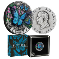 2026 $2 Australia Butterfly Colour 2oz Silver Antique Coin