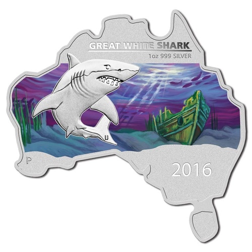 2016 $1 Australia Shaped Great White Shark 1oz Silver BU