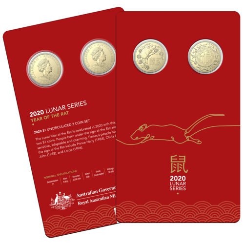 2020 $1 Lunar Year of the Rat Unc 2 Coin Set Carded