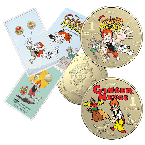 2021 $1 Centenary of Ginger Meggs Coloured AlBr 2 Coin Set