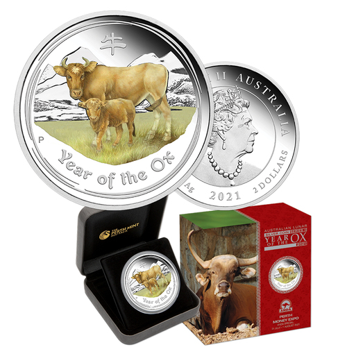 2021 $2 Year of the Ox 2oz Coloured Silver Proof ANDA Issue