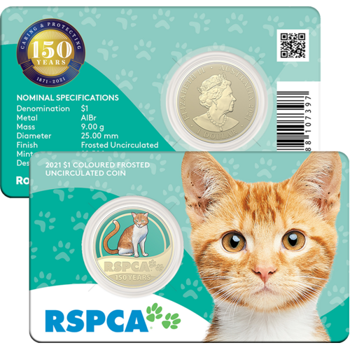 2021 $1 150th Anniversary of the RSPCA Aust. UNC Cat Coloured Coin