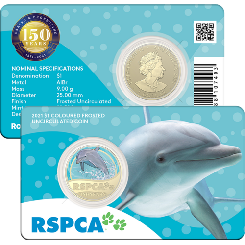 2021 $1 150th Anniversary of the RSPCA Aust. UNC Dolphin Coloured Coin
