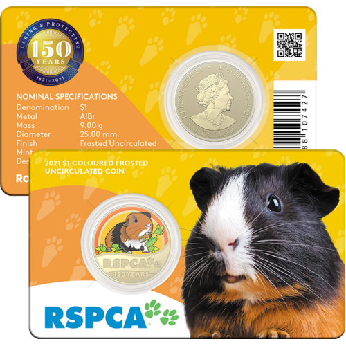2021 $1 150th Anniversary of the RSPCA Aust. UNC Guinea Pig Coloured Coin