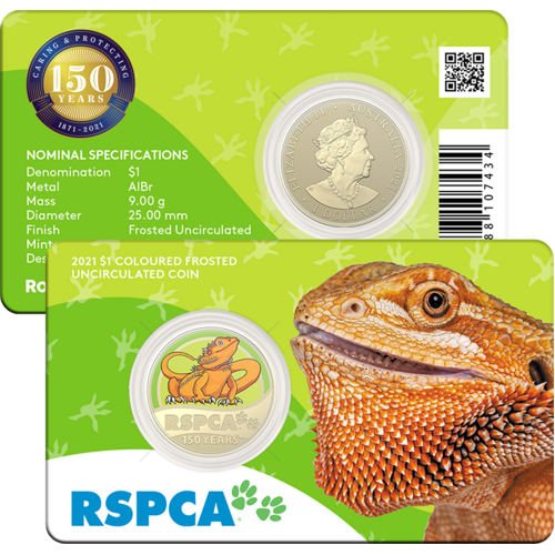2021 $1 150th Anniversary of the RSPCA Aust. UNC Lizard Coloured Coin