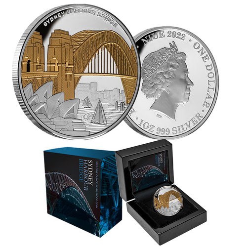 2022 $1 Sydney Harbour Bridge 90th Anniversary Gold Plated 1oz Silver Proof Coin