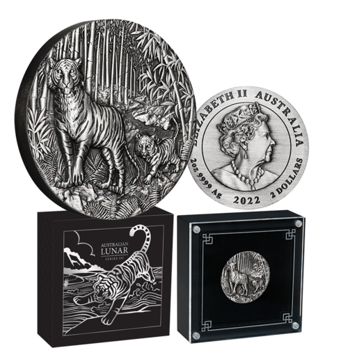 2022 $2 Year of the Tiger 2oz Silver Antiqued Coin