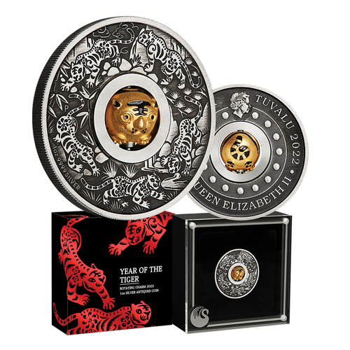 2022 Year of the Tiger 1oz Silver Antiqued Rotating Charm Coin