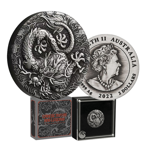 2022 $2 Australia Dragon .9999 Silver Antiqued Coin