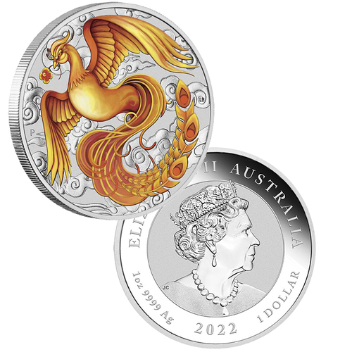 2022 $1 Chinese Myths and Legends Phoenix 1oz Coloured Coin Red and Gold (no card)
