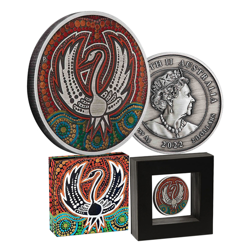 2022 $2 Black Swan Maali 2oz Coloured Silver Antiqued Coin
