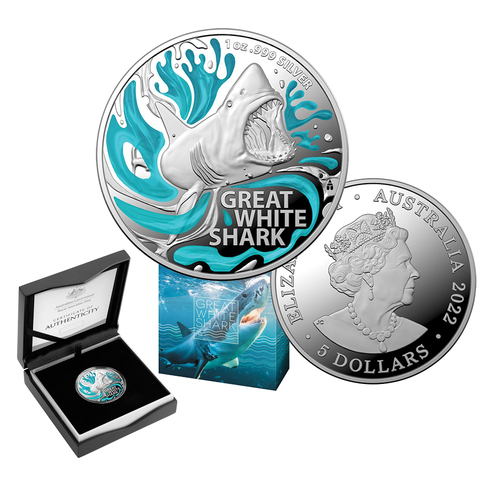 2022 $5 Australia's Most Dangerous Great White Shark 1oz Silver Proof Coin