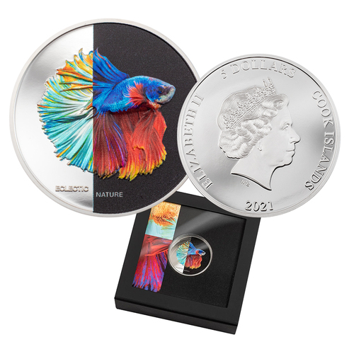 2021 $5 Fighting Fish Coloured High Relief Silver Proof Coin