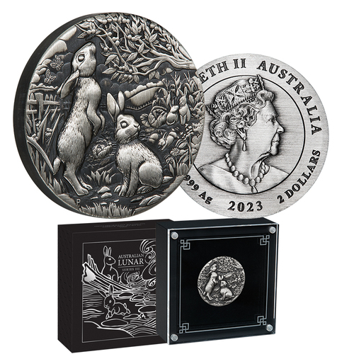 2023 $2 Year of the Rabbit 2oz Silver Antiqued Coin