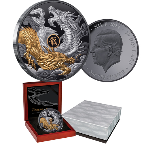2024 $10 Lunar Dragon 5oz Silver Gilded Black Proof