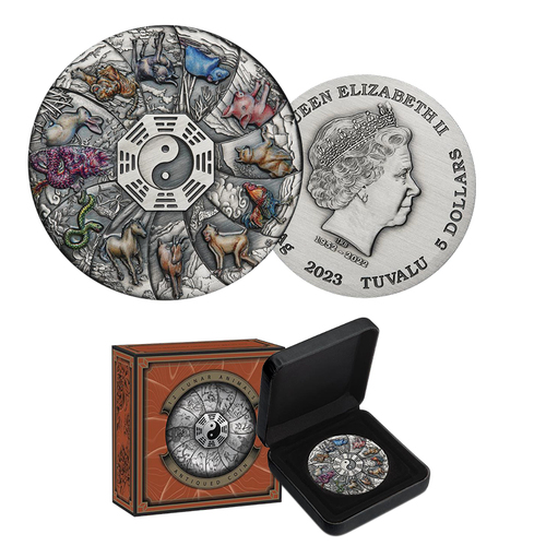 2023 $5 12 Lunar Animals 5oz Silver Coloured Antiqued Coin
