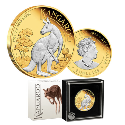 2023 $2 Australian Kangaroo 2oz Reverse Gilded Silver Coin