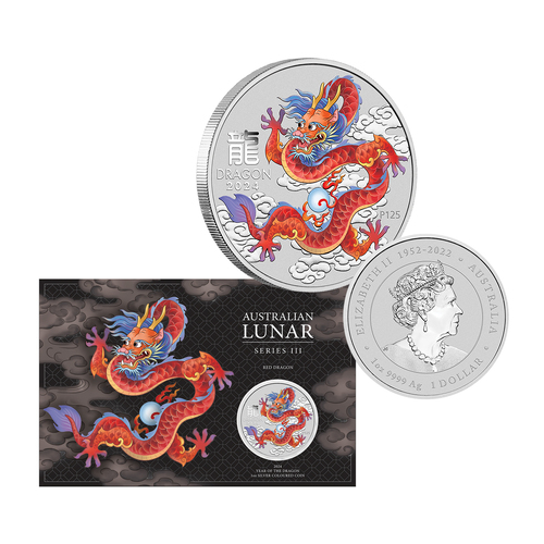 2024 $1 Year of the Dragon 1oz Red Coloured Carded Silver Coin